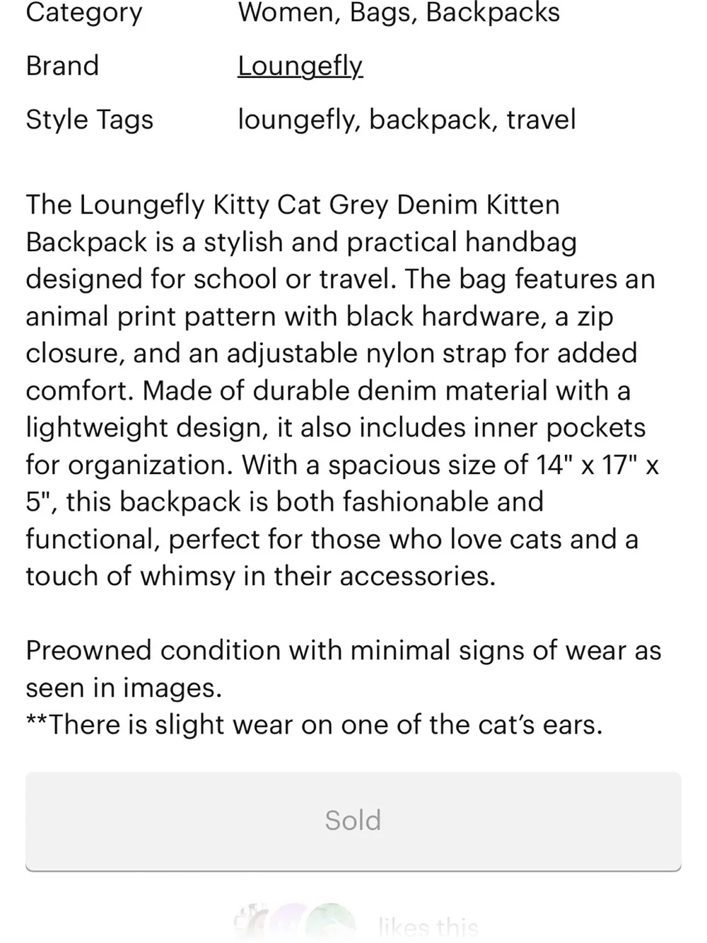 Loungefly Gray Kitty Ear Backpack